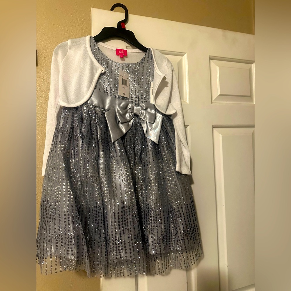 Special Occasion Silver Sleeveless Dress & White Cardigan Girls Sz 6 - NWT